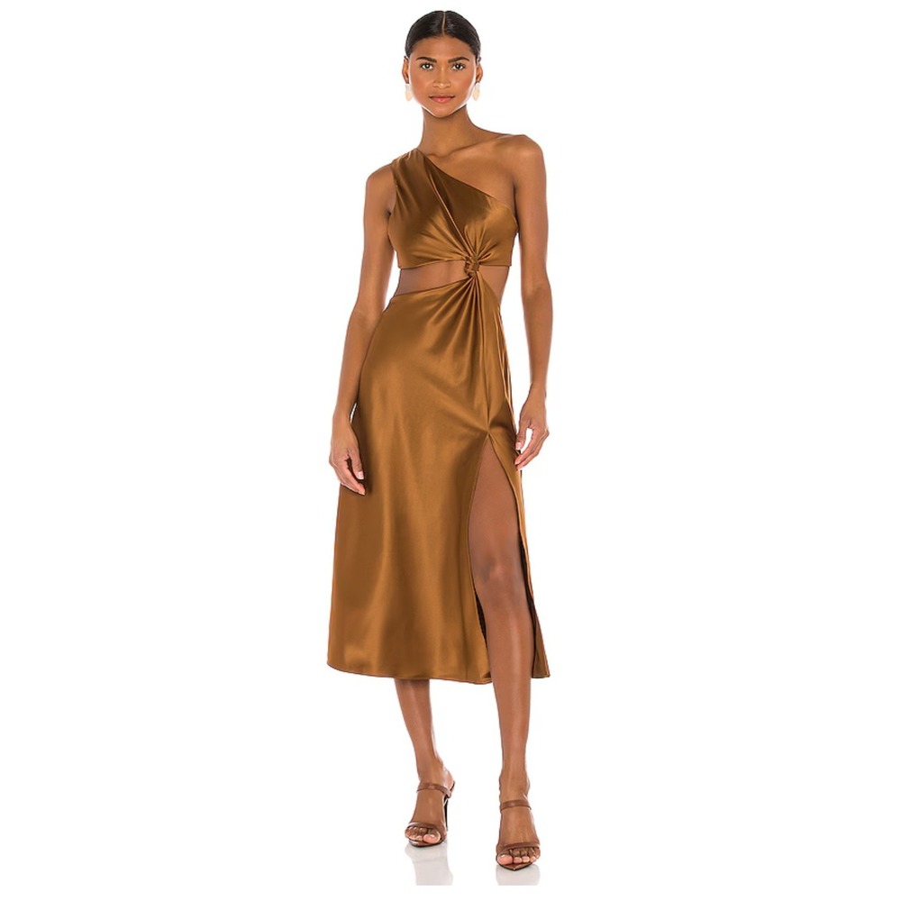 REVOLVE LPA Imani One Shoulder Satin Midi‎ Dress Cutout Front Knot Slit Bronze S